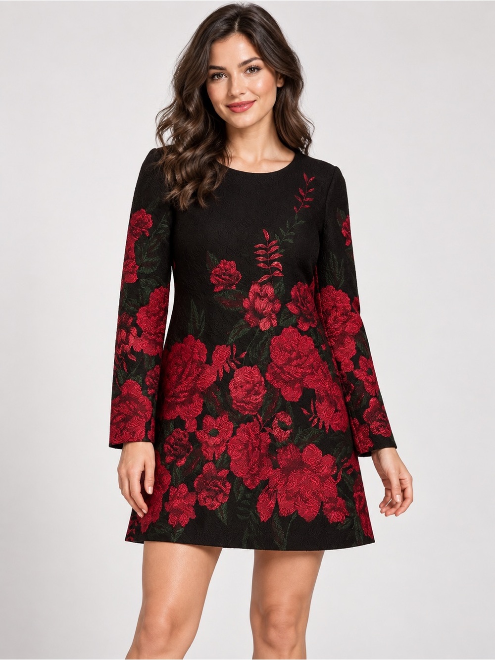 Papillon Black & Red Rose Floral Long Sleeve Shift Dress Size M 18PTP 32L